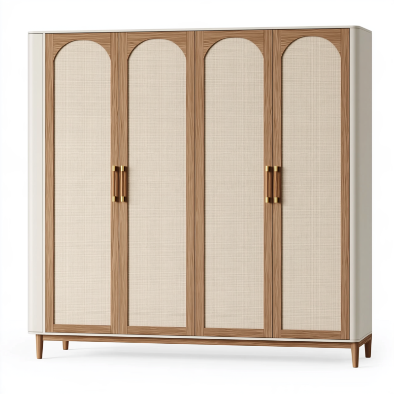 Kleiderschrank 200 x 60 x 200 cm Holz Naturbraun Creme mit Geflechttüren Modern