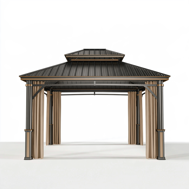 Pavillon 300 x 300 cm aus Metall in Schwarz mit Vorhängen und Doppeldach für Garten