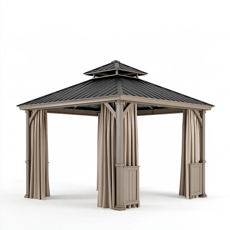 Pavillon 300 x 300 cm aus Metall in Taupe und Schwarz für den Garten mit Vorhängen