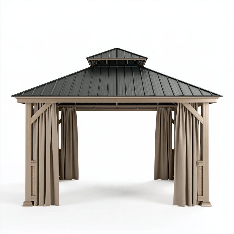 Gartenpavillon 300 x 300 x 300 cm Metall Beige Anthrazit mit Vorhängen