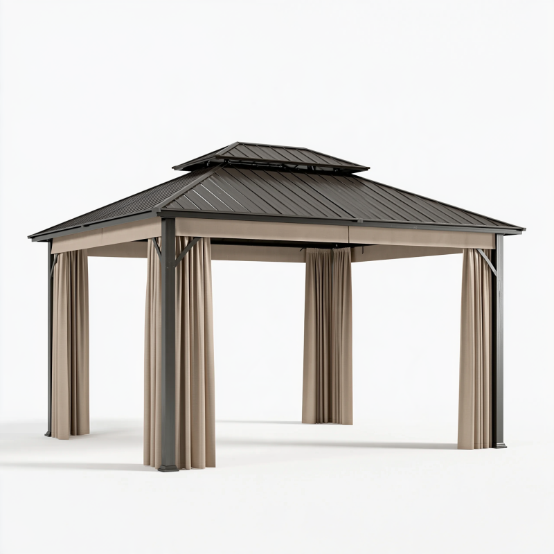 Gartenpavillon 400 x 300 x 290 cm aus Metall in Anthrazit und Beige mit Vorhängen