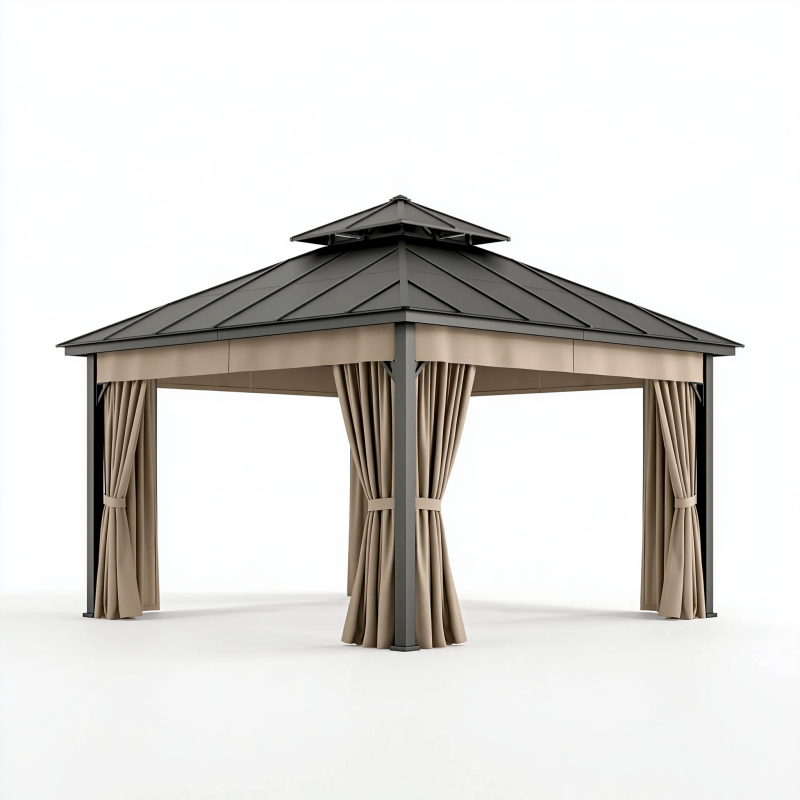 Gartenpavillon 300 x 300 cm aus Stahl in Anthrazit mit beigefarbenen Vorhängen