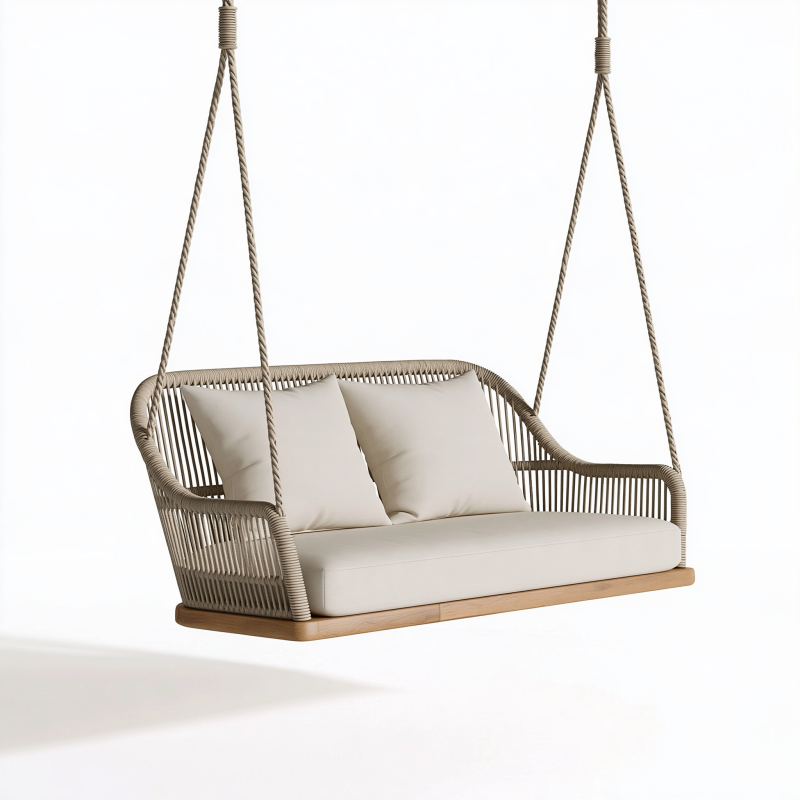 Hängesofa 180 x 75 x 65 cm Beige Seilgeflecht Holzgestell für überdachte Außenbereiche