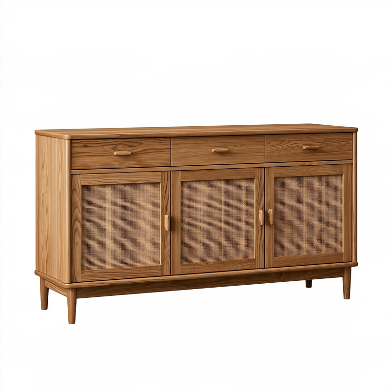 Sideboard 160 x 45 x 85 cm aus Holz in Naturbraun mit Rattangeflecht im Mid-Century-Stil