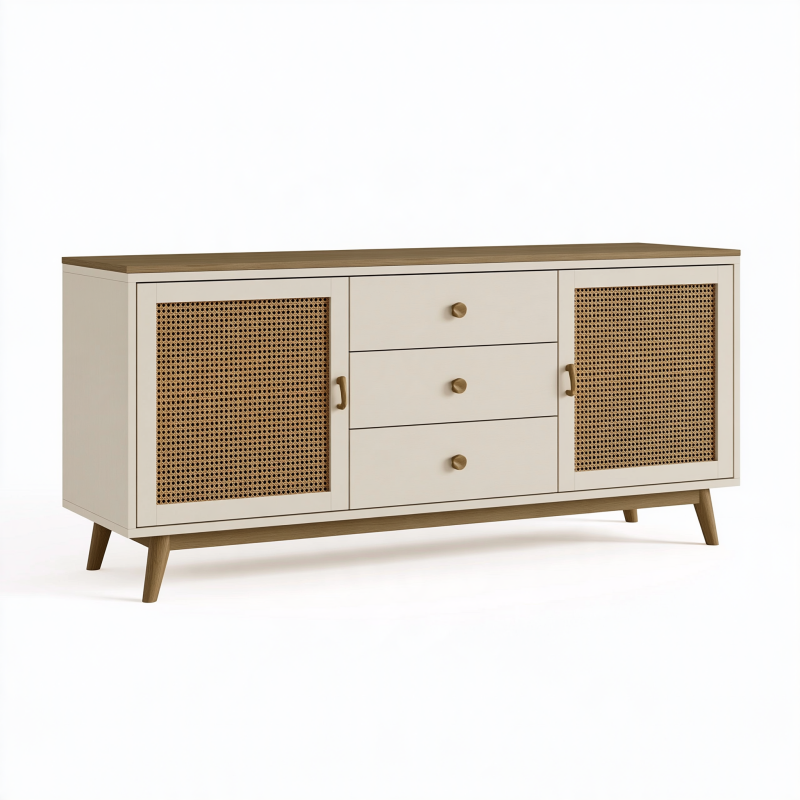 Sideboard 160 x 40 x 75 cm aus Holz in Cremebraun mit Rattangeflecht im Mid Century Stil