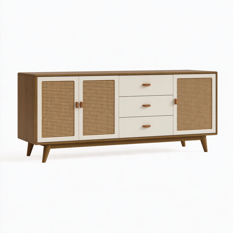 Sideboard 180 x 40 x 75 cm aus Holz in Braun Creme mit Rattangeflecht im Mid Century Stil