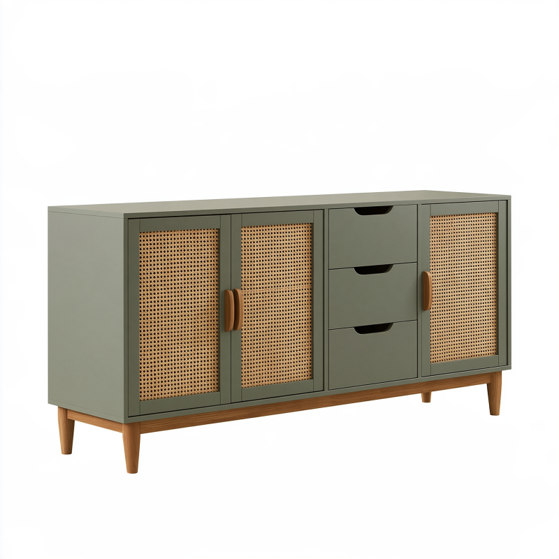 Sideboard 160 x 40 x 80 cm aus Holzwerkstoff Olivgrün Natur mit Rattangeflecht und Schubladen
