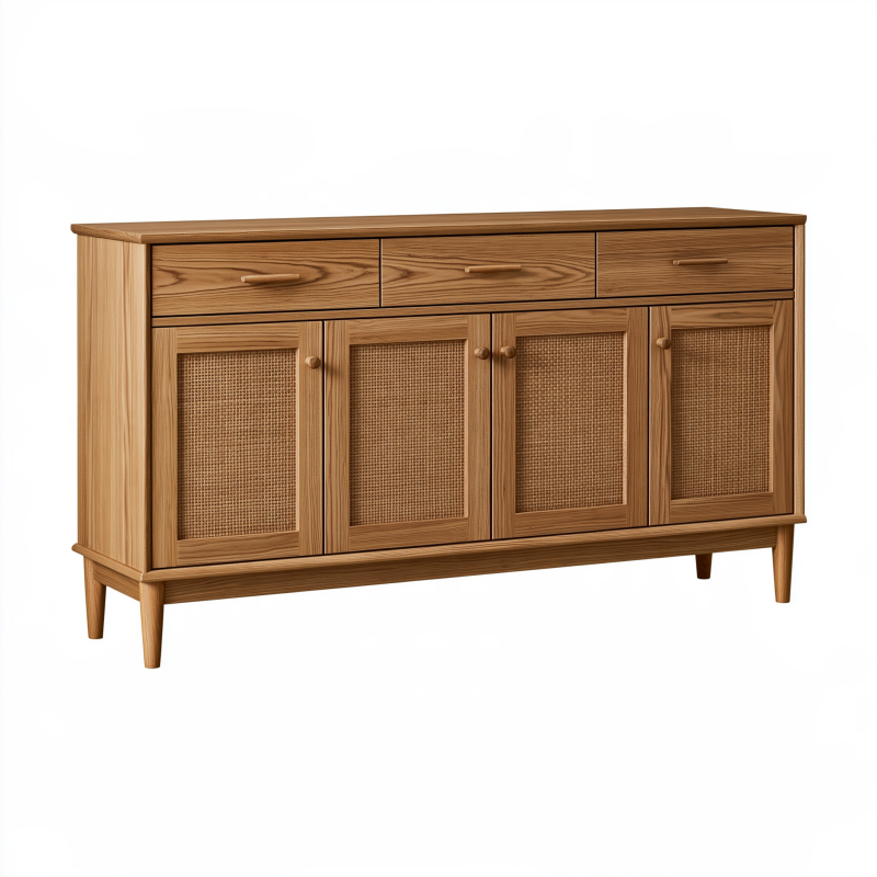 Sideboard 160 x 40 x 90 cm Holz Natur mit Rattangeflecht im Retro-Stil