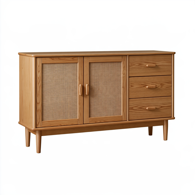 Sideboard 150 cm aus Holz in Natur mit Rattangeflecht und 3 Schubladen