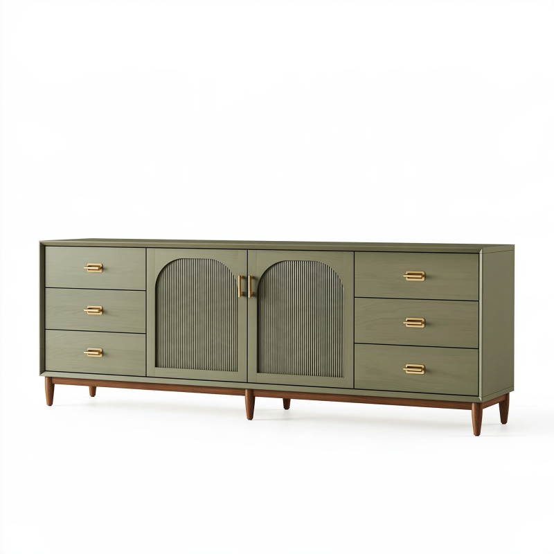 Sideboard 180 x 40 x 75 cm Grün Holzwerkstoff mit 6 Schubladen und geriffelten Türen