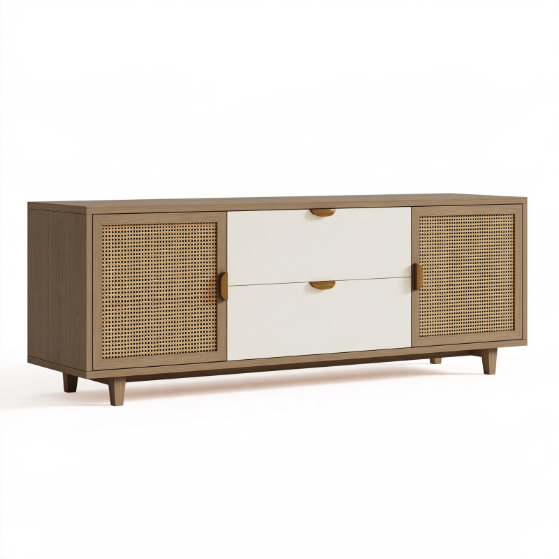 Sideboard 180 x 40 x 60 cm Holz Naturweiß mit Rattangeflecht im Retro-Stil