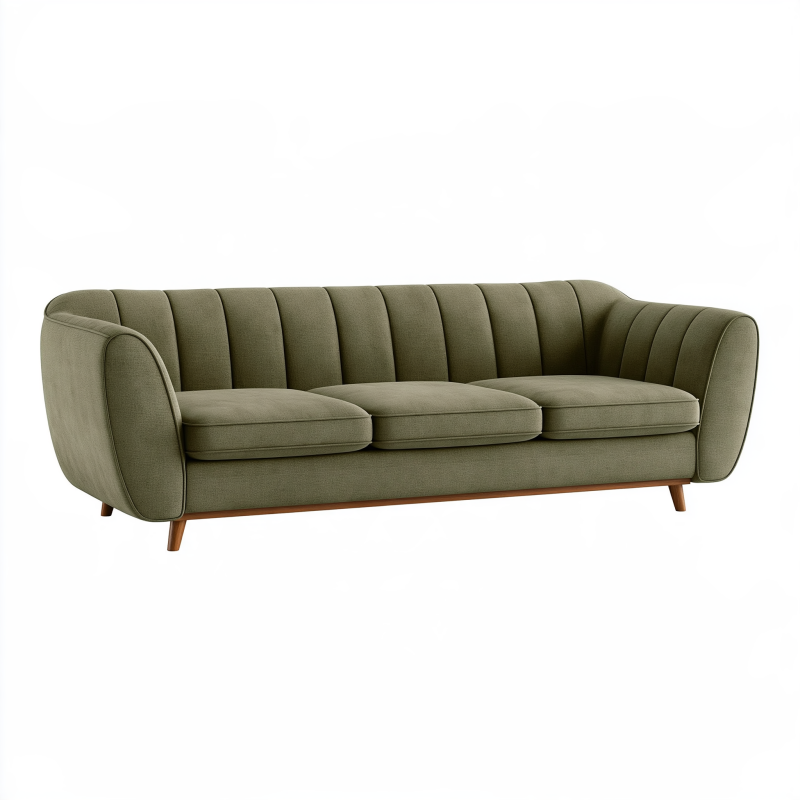 3-Sitzer Sofa 220 cm Olivgrün Textil Holzbeine Gerippte Rückenlehne