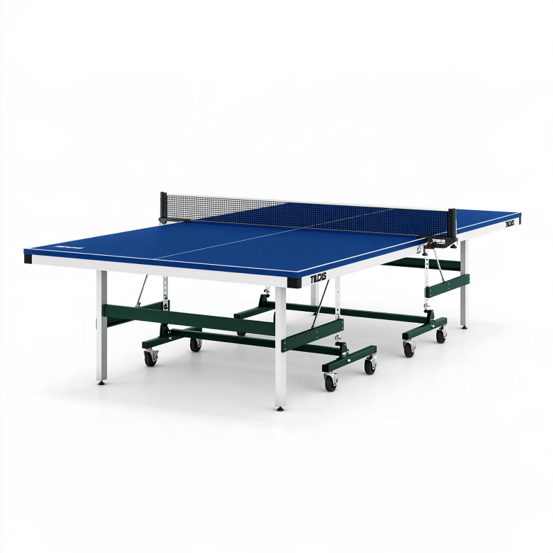 Tischtennistisch 274 x 153 x 76 cm blaue Holzwerkstoffplatte klappbar mit Rollen
