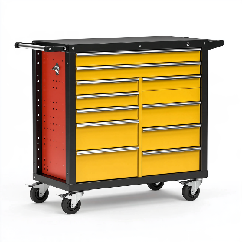 Werkzeugwagen 110 x 50 x 95 cm aus Stahl in Schwarz Gelb Rot mit 10 Schubladen und Rollen