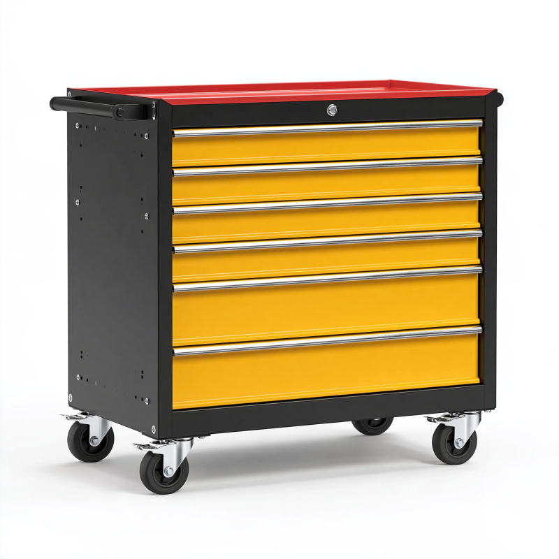 Werkstattwagen 77 x 46 x 95 cm aus Stahl gelb schwarz mit 5 Schubladen und Rollen