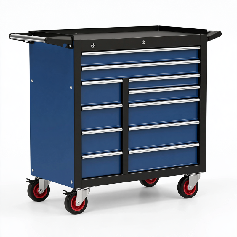 Werkstattwagen 77 x 46 x 97 cm aus Stahl Blau Schwarz mit 10 Schubladen und Rollen